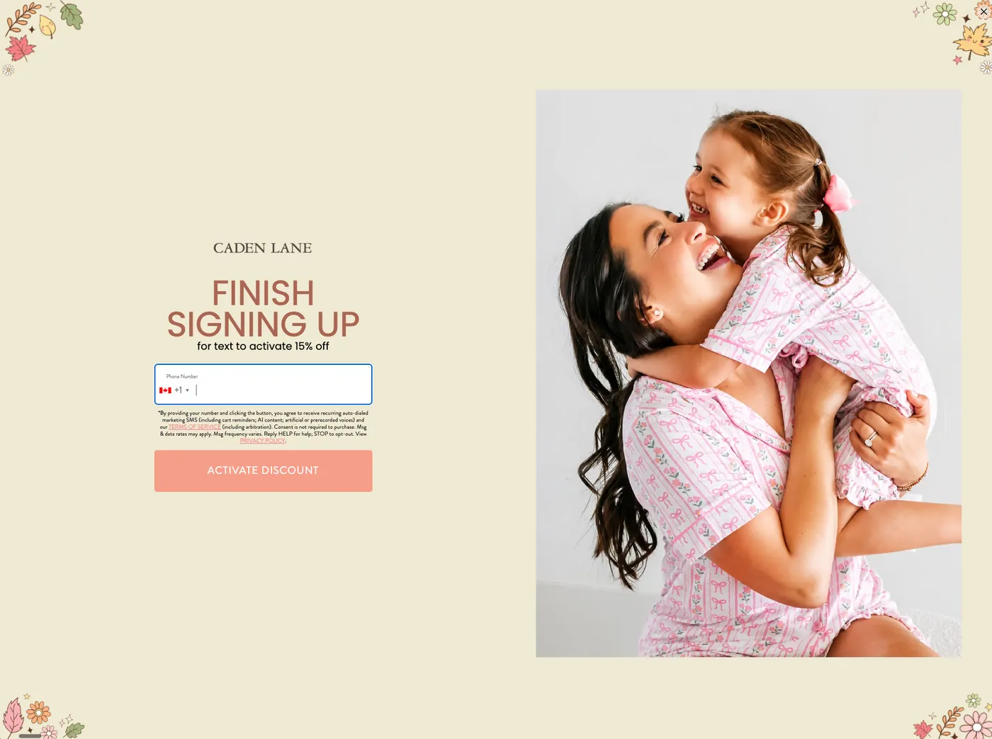 Caden Lane popup, step four: finish signing up for text to activate 15% off