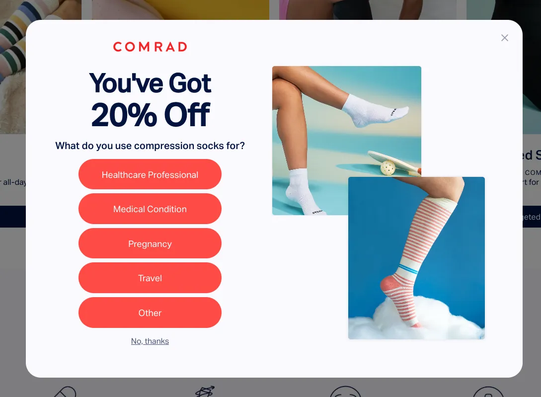Comrad popup: You've got 20% off, what do you use compression socks for, five options plus a no thanks link