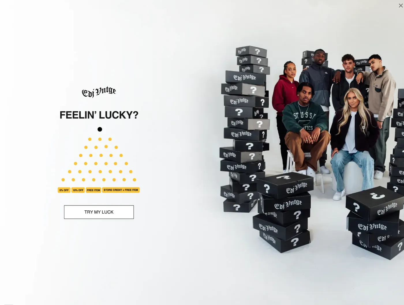 EDJ Vntge popup: Feelin' lucky, a plinko board, prize row reading 5% off, 10% off, free item, store credit plus free item