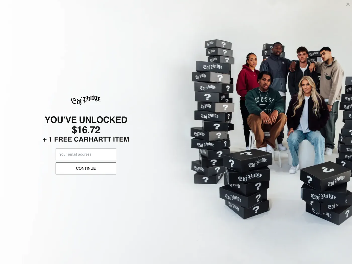 EDJ Vntge popup: you've unlocked $16.72 plus 1 free Carhartt item, with an email field