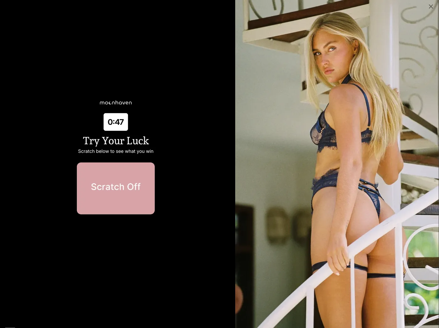 Moonhaven popup: a 47 second countdown timer above Try Your Luck and a scratch off panel