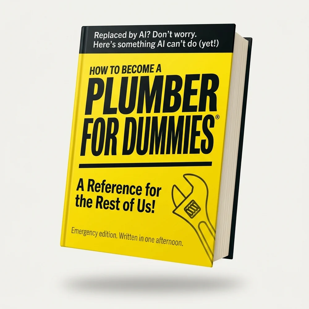 A yellow hardcover book floating against an off-white background, titled: how to become a plumber for dummies. A black band across the top reads: replaced by AI? Don't worry. Here's something AI can't do (yet!)