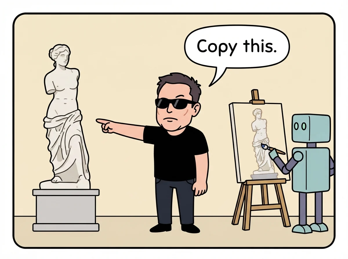 A comic panel. A caricature of Elon Musk in sunglasses points at a classical marble statue and says: copy this. Beside him a robot at an easel paints a picture of the same statue.