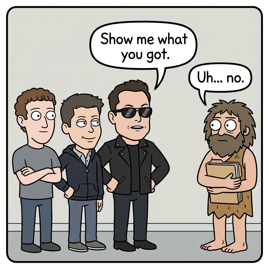 A comic panel. Caricatures of three tech billionaires stand together and one says: show me what you got. Facing them, a caveman clutching a file folder says: uh, no.