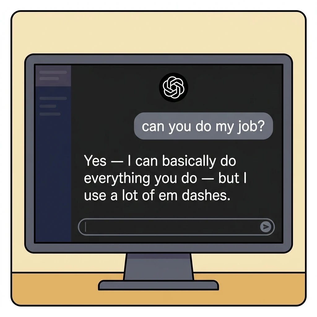 A cartoon monitor showing an AI chat. The user asks: can you do my job. The reply reads: yes, I can basically do everything you do, but I use a lot of em dashes.